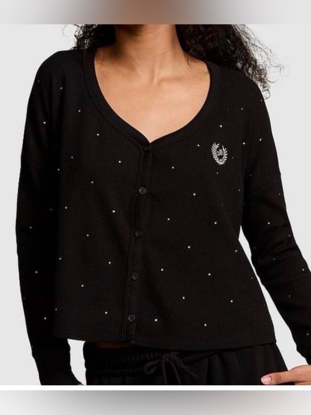 PINK Victoria's Secret Black Rhinestone Waffle Knit Button-Front Cardigan